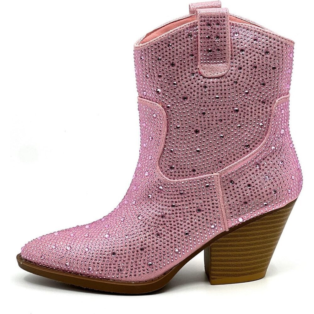 Women's Light Pink Rhinestone Embellishments Glitter Block Heel Ankle Boots